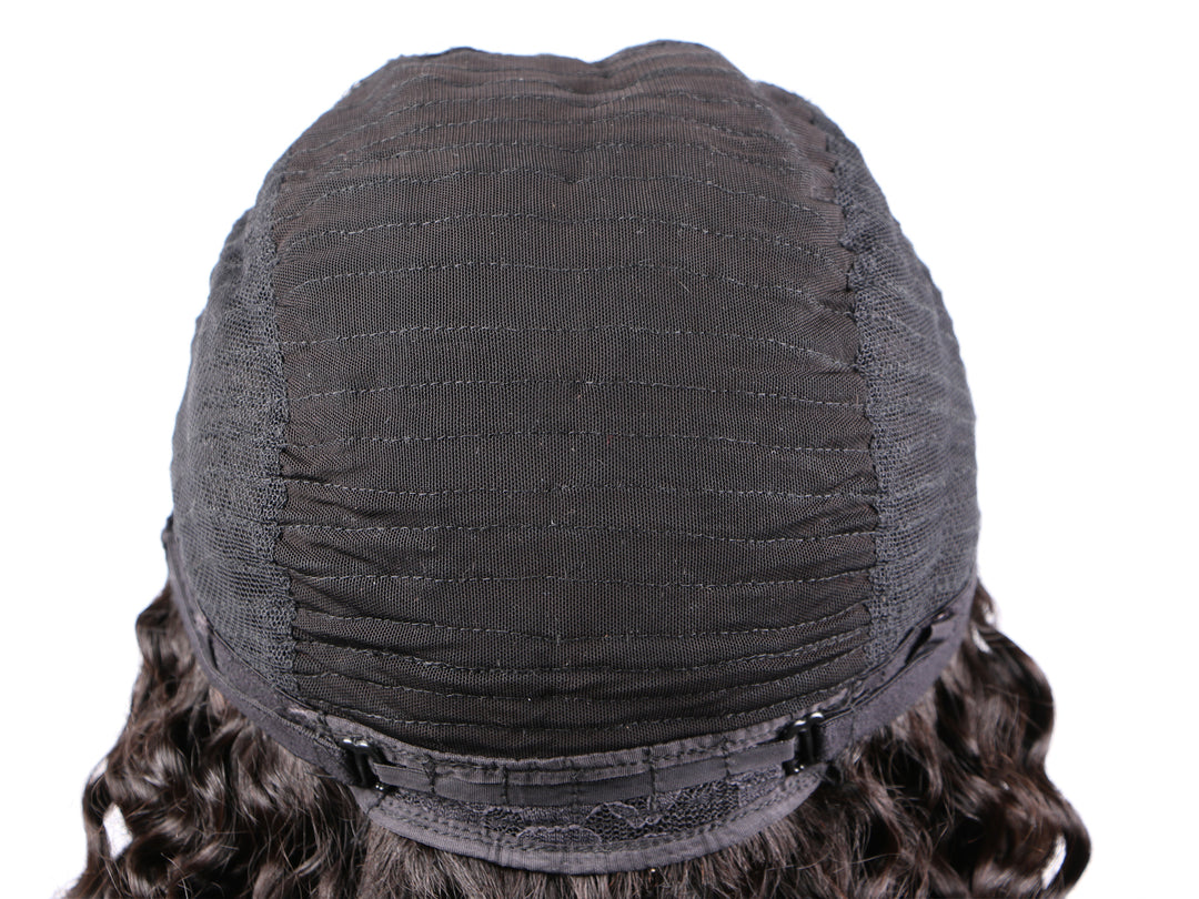 Back view of adjustable wig cap with elastic straps and curly hair wig base