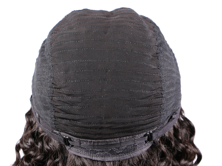 Back view of adjustable wig cap with elastic straps and curly hair wig base