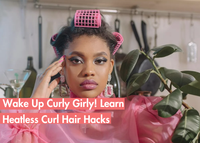 Woman with hair rollers, promoting heatless curl hair hacks.