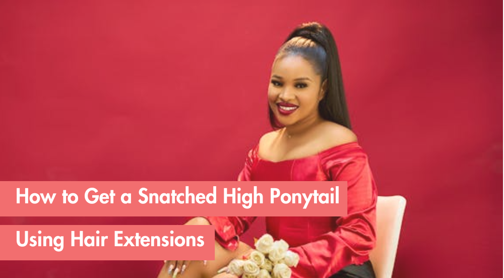 Woman in red top demonstrating high ponytail hairstyle with hair extensions.