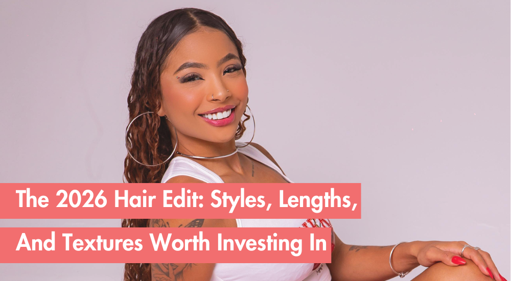 Smiling woman with long hair promoting 2026 hair styles and textures.