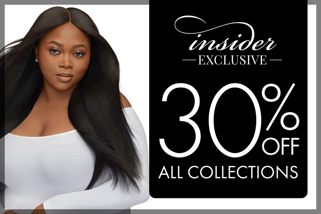 Insider Exclusive: 30% off all collections promotional banner with a woman with long straight hair