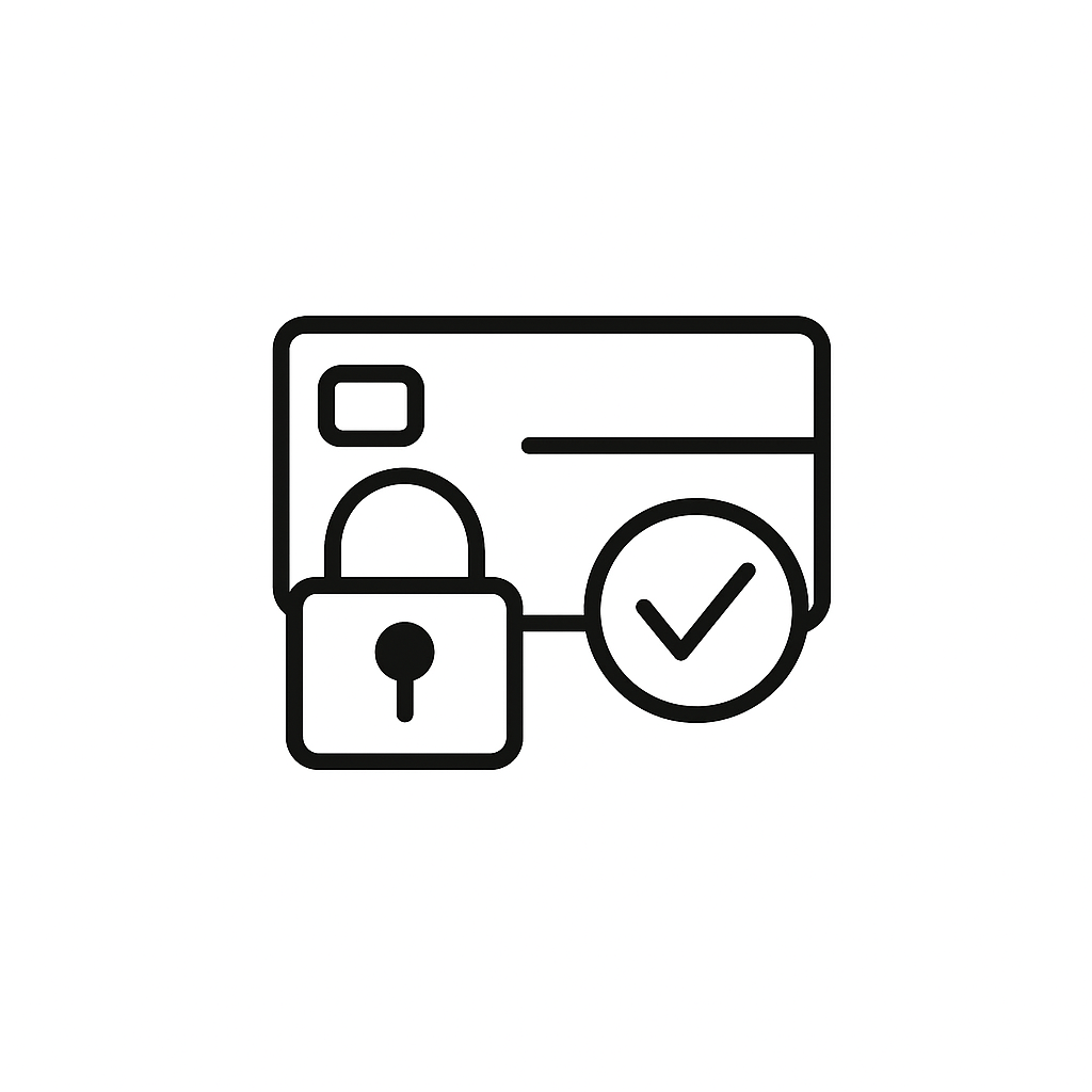 Secure payment icon featuring a credit card, a padlock, and a checkmark