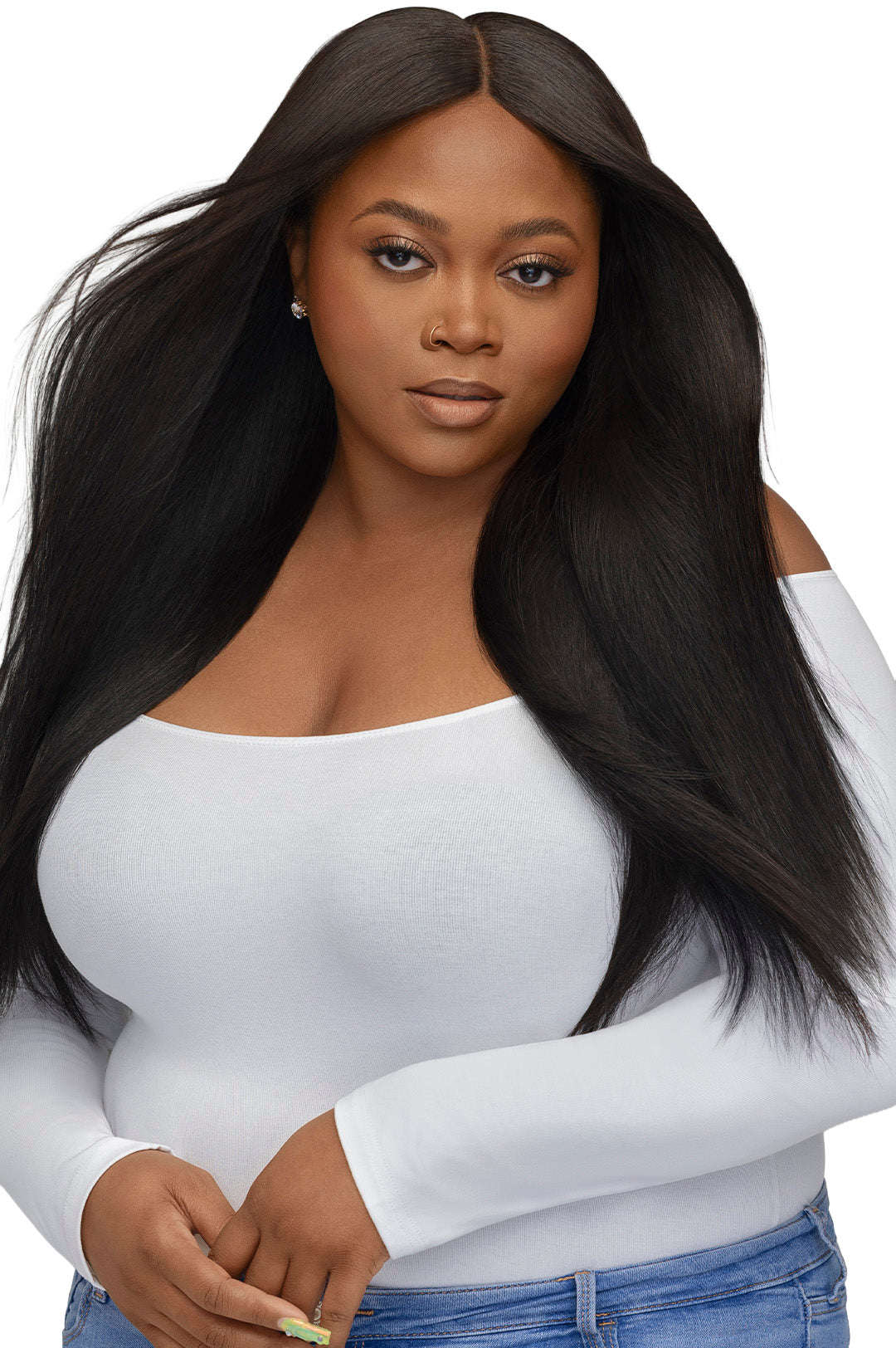 Woman with long straight dark hair in a white top and blue jeans