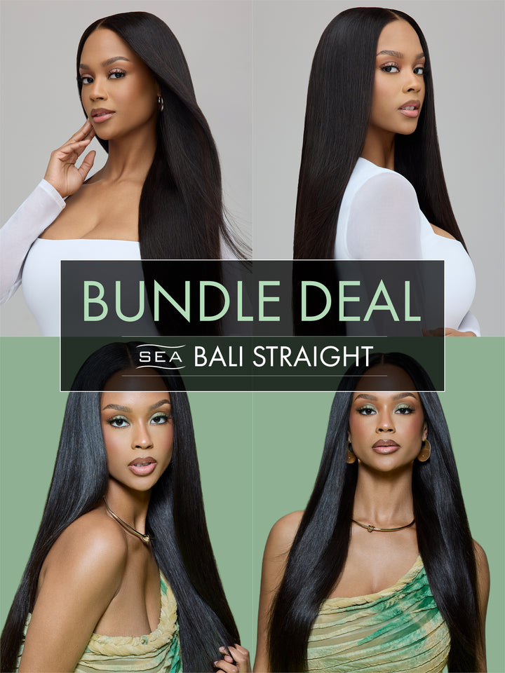 Four-panel promotional collage showing a model with long, straight black hair in different poses and outfits, with text reading 'BUNDLE DEAL' and 'SEA BALI STRAIGHT' over a muted green background.
