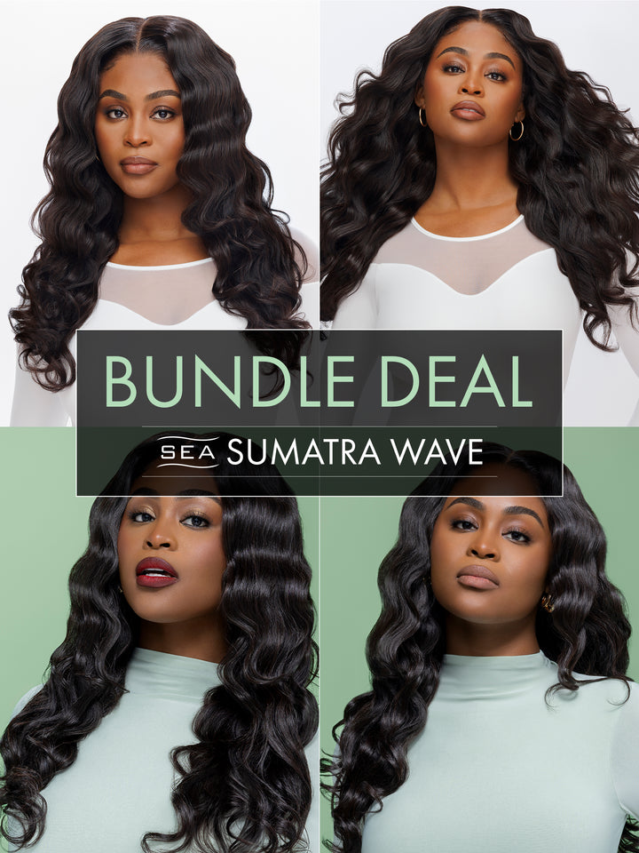 Four-panel view of a model with deep Sumatra Wave human hair extensions